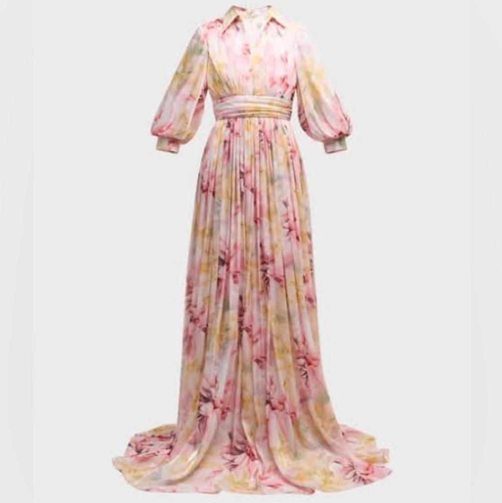 Badgley Mischka Blouson-Sleeve Shimmer Floral-Print Empire Gown